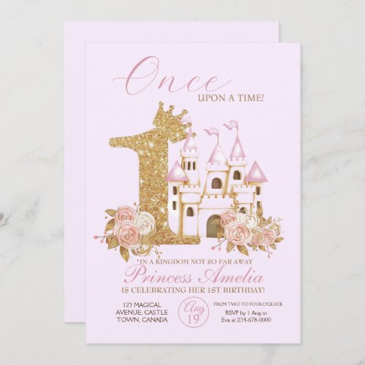 Gold Crown Castle Princess 1e verjaardag Invi Kaart (Voorkant / Achterkant)