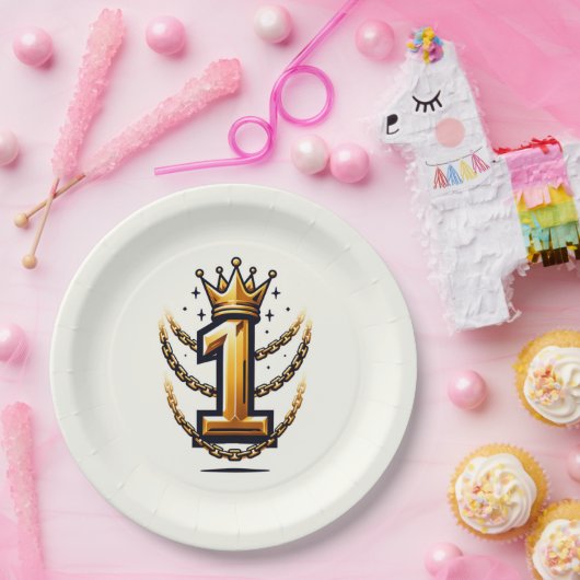 Gold Crown Chain Drip 1 #1 1e verjaardagsfeestje Papieren Bordje (Feest)