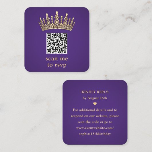 Gold Crown Dark Purple Quinceañera Scan Me QR RSVP Informatiekaartje (Voorkant / Achterkant)