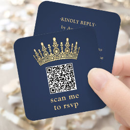Gold Crown Navy Blue Quinceañera Scan Me QR RSVP Informatiekaartje