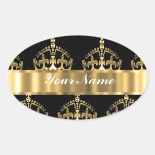 Gold Crown pattern on black Ovale Sticker
