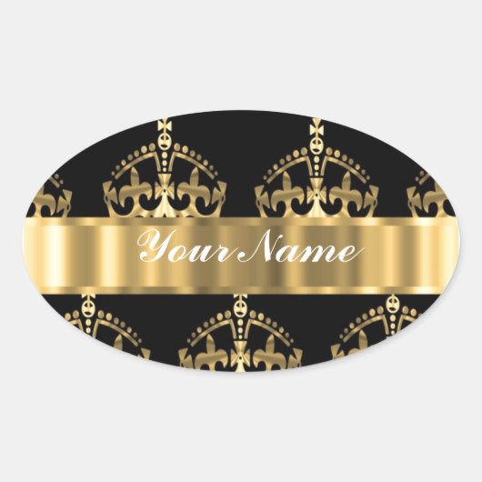 Gold Crown pattern on black Ovale Sticker (Voorkant)