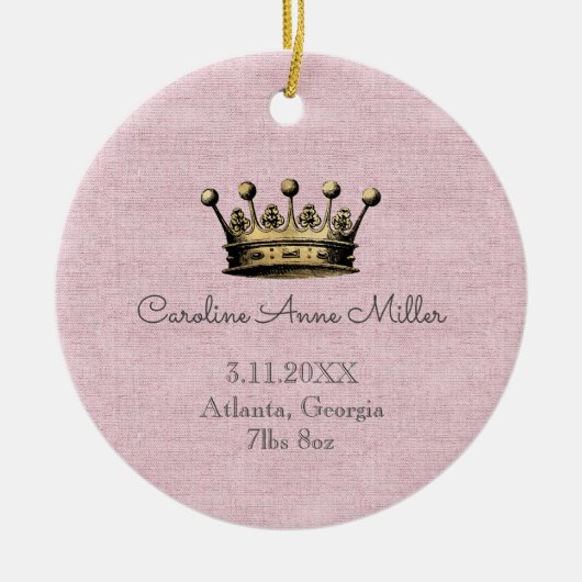 Gold Crown Pink Birth Announcement Keramisch Ornament (Voorkant)