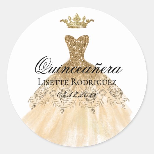 Gold Crown Princess Dress Quinceanera Party Ronde Sticker (Voorkant)
