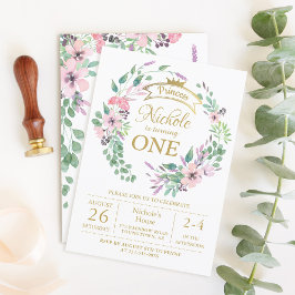 Gold Crown Princess Floral Girl 1e verjaardag Kaart