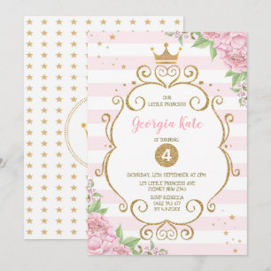 Gold Crown Princess Pink Floral 1e verjaardag Kaart