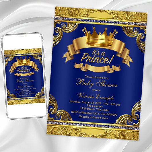 Gold Crown Royal Blue Fancy Prince Baby shower Kaart