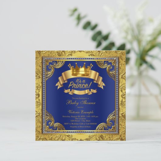 Gold Crown Royal Blue Fancy Prince Baby shower Kaart (Staand voorkant)