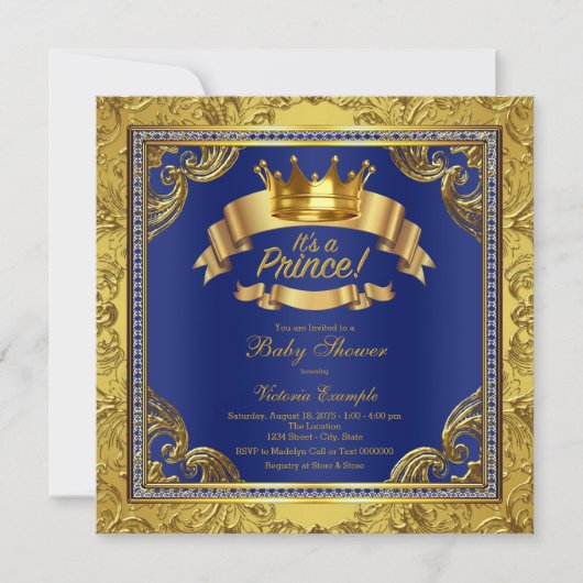Gold Crown Royal Blue Fancy Prince Baby shower Kaart (Voorkant)