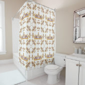 Gold Crowns Heart Diamonds Pearls Pattern White Douchegordijn (In situ)