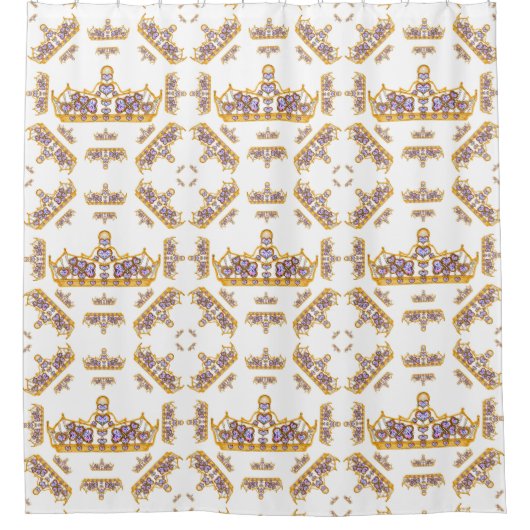 Gold Crowns Heart Diamonds Pearls Pattern White Douchegordijn (Voorkant)