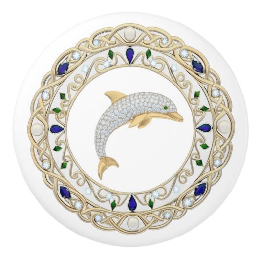 Gold Crystal Dolphin 2Dgraphic Ocean Sea Marine Keramische Knop (Voorkant)