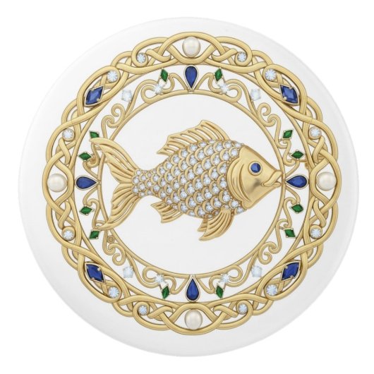 Gold Crystal Fish 2Dgraphic gemstone Sea Ocean Keramische Knop (Voorkant)