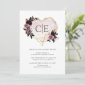 Gold Crystal Heart Pink Paarse Floral Wedding Kaart (Staand voorkant)
