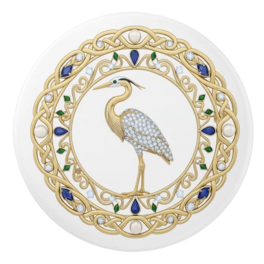 Gold Crystal Heron Sea Bird 2Dgraphic gemstone Keramische Knop (Voorkant)