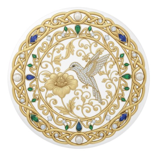 Gold Crystal Hummingbird Bird 2D graphic gemstones Keramische Knop (Voorkant)