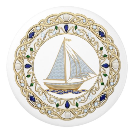 Gold Crystal Nautical Sail Boat Sailing 2DGraphic Keramische Knop (Voorkant)