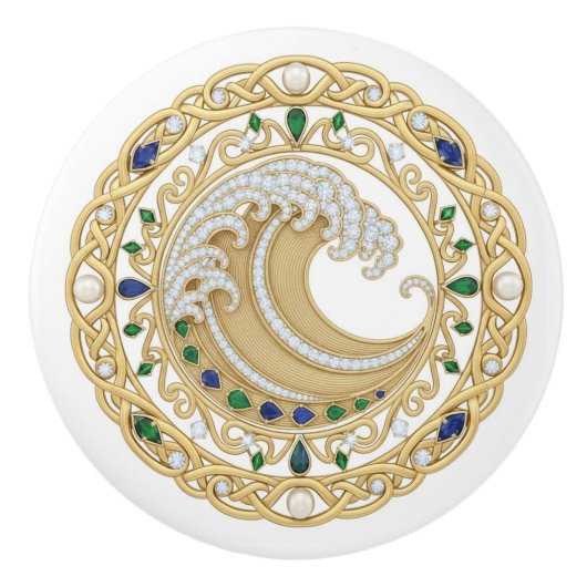 Gold Crystal Ocean Great Wave 2D graphic gemstones Keramische Knop (Voorkant)