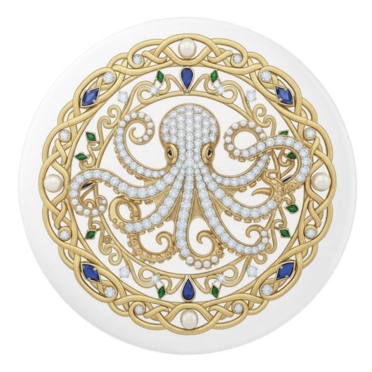 Gold Crystal Ocean Sea Octopus 2D graphic gemstone Keramische Knop (Voorkant)