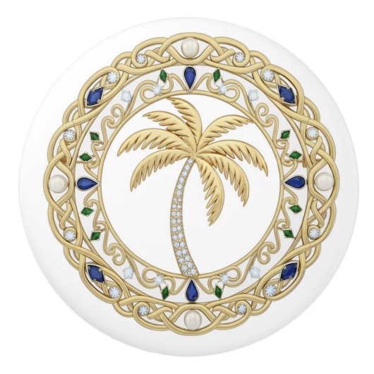 Gold Crystal Palm Tree 2Dgraphic Ocean Beach House Keramische Knop (Voorkant)