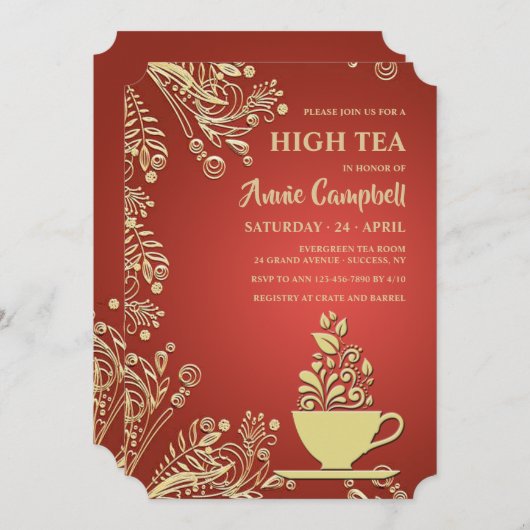 Gold Cup in Tea Invitation Kaart (Voorkant / Achterkant)