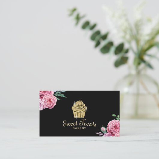 Gold Cupcake Bakery Sweet Trein Modern Floral Visitekaartje (Staand voorkant)