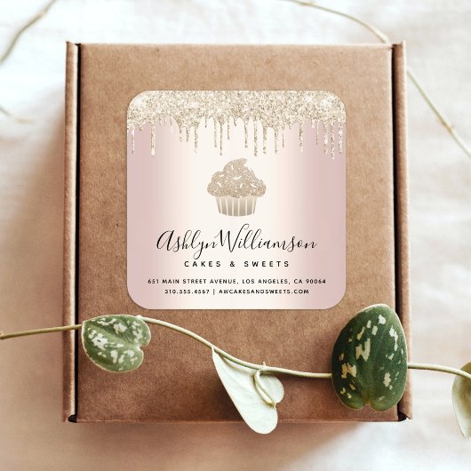 Gold Cupcake Glitter druppelt roze banketbakkerij Vierkante Sticker