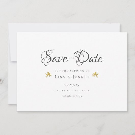 Gold Cupids Elegant Script Save The Date (Voorkant)