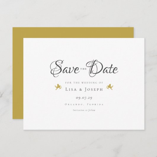 Gold Cupids Elegant Script Save the Date Aankondigingskaart (Voorkant / Achterkant)