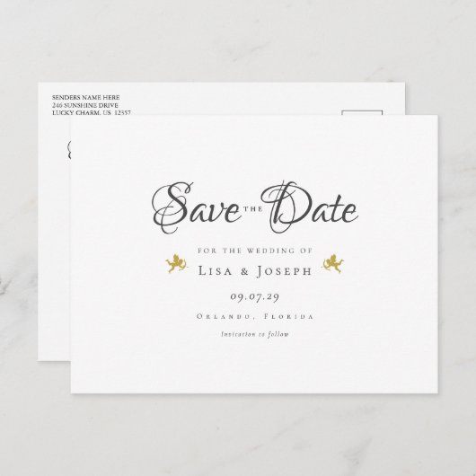 Gold Cupids Elegant Script Save the Date Aankondigingskaart (Voorkant / Achterkant)