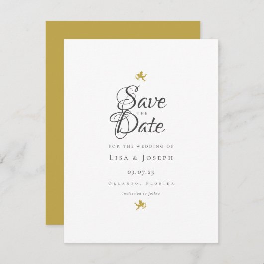 Gold Cupids Elegant Script Save the Date Aankondigingskaart (Voorkant / Achterkant)