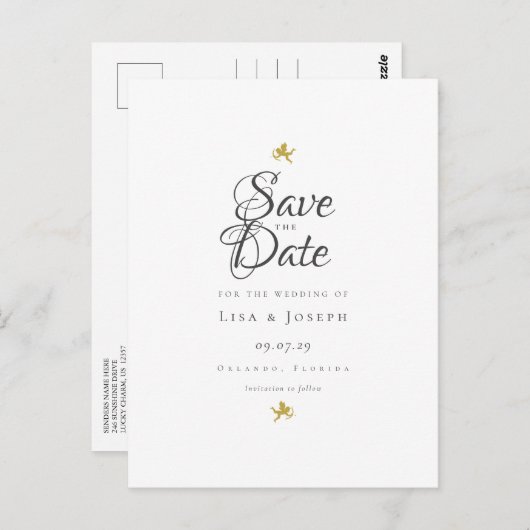 Gold Cupids Elegant Script Save the Date Briefkaart (Voorkant / Achterkant)