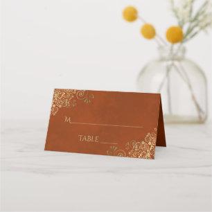 Gold Curls op Rust Sinaasappel Elegant Wedding Wri Plaatskaartje