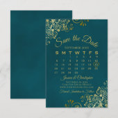 Gold Curls & Swirls Elegant Teal Wedding Calendar Save The Date (Voorkant / Achterkant)