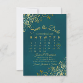 Gold Curls & Swirls Elegant Teal Wedding Calendar Save The Date