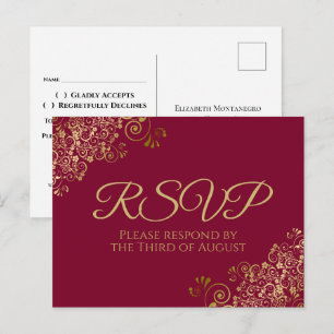 Gold Curls & Swirls Maroon Burgundy Wedding RSVP Briefkaart