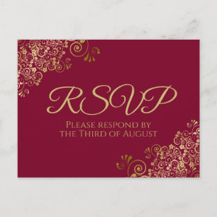 Gold Curls & Swirls Maroon Burgundy Wedding RSVP Briefkaart