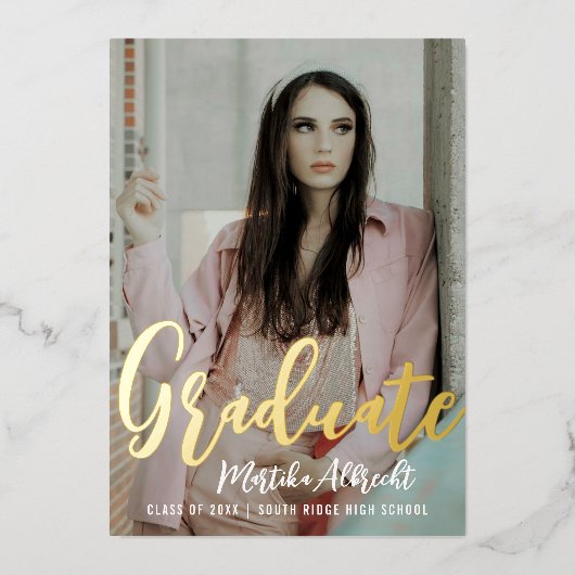 Gold Cursive Overlay | Fotogradatiepartij Folie Uitnodiging (Voorkant)