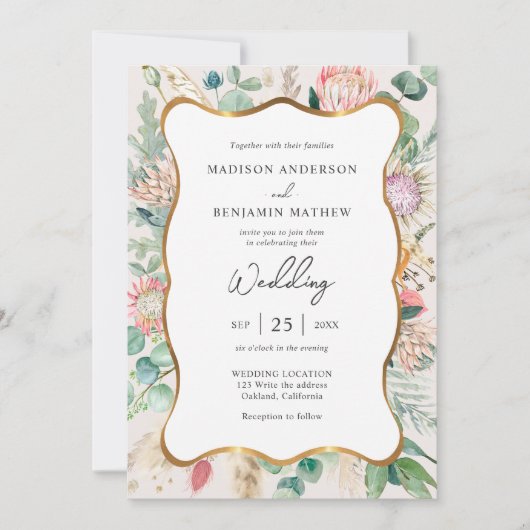 Gold Curvy Eucalyptus Pampas Grass Protea Wedding Kaart (Voorkant)
