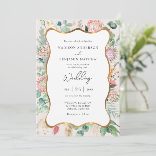 Gold Curvy Eucalyptus Pampas Grass Protea Wedding Kaart (Staand voorkant)