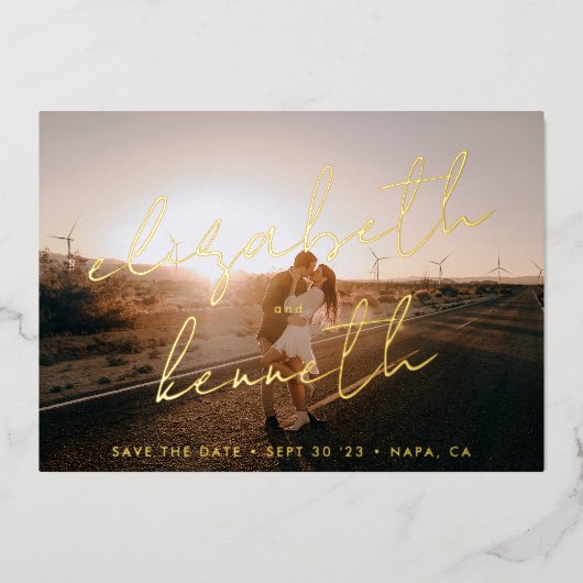 Gold Custom Modern Names Photo Save the Date Folie Uitnodiging (Voorkant)