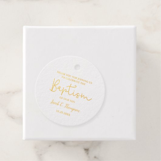 Gold Custom Modern Script Name Baby Boy baptisme Bedankjes Labels (Met doos)