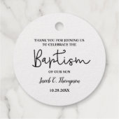 Gold Custom Modern Script Name Baby Boy baptisme Bedankjes Labels (Achterkant)