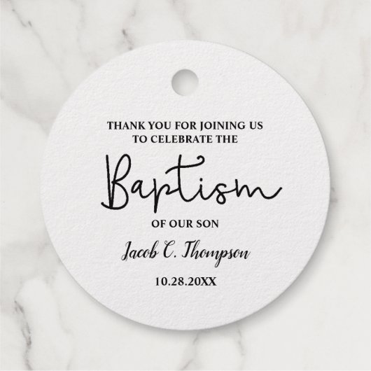 Gold Custom Modern Script Name Baby Boy baptisme Bedankjes Labels (Achterkant)