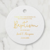 Gold Custom Modern Script Name Baby Boy baptisme Bedankjes Labels (Voorkant)