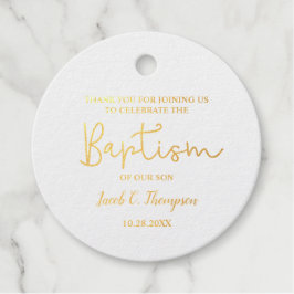 Gold Custom Modern Script Name Baby Boy baptisme Bedankjes Labels
