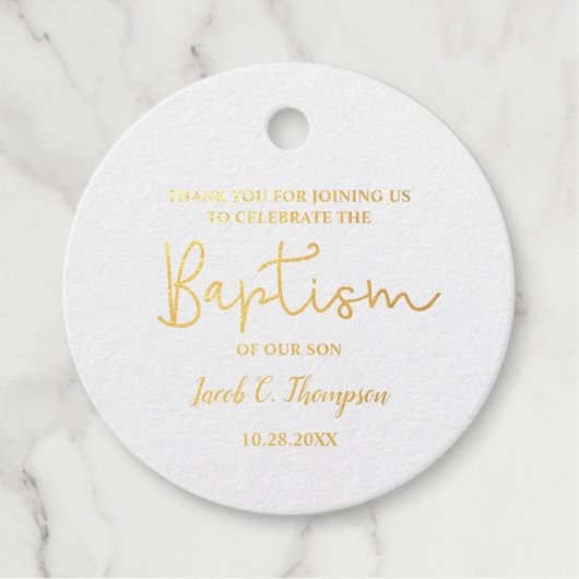 Gold Custom Modern Script Name Baby Boy baptisme Bedankjes Labels (Voorkant)