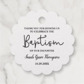 Gold Custom Modern Script Name Baby Girl baptisme Bedankjes Labels (Achterkant)