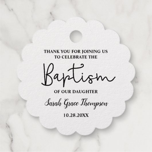 Gold Custom Modern Script Name Baby Girl baptisme Bedankjes Labels (Achterkant)