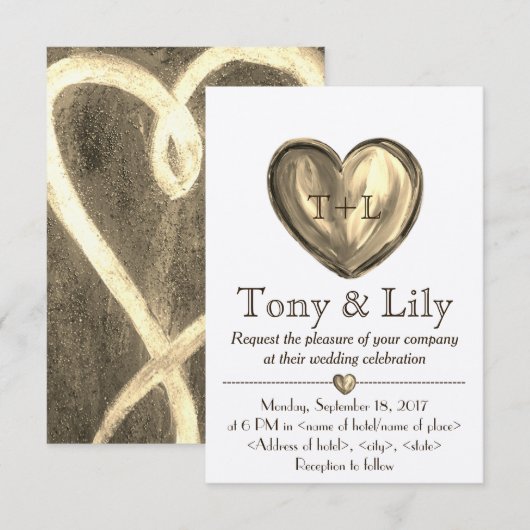 Gold Customizeable Heart Wedding Invitation RSVP Kaart (Voorkant / Achterkant)